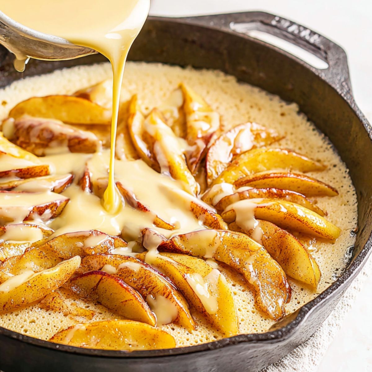 Pancake batter being poured over apples in a cast iron skillet before baking