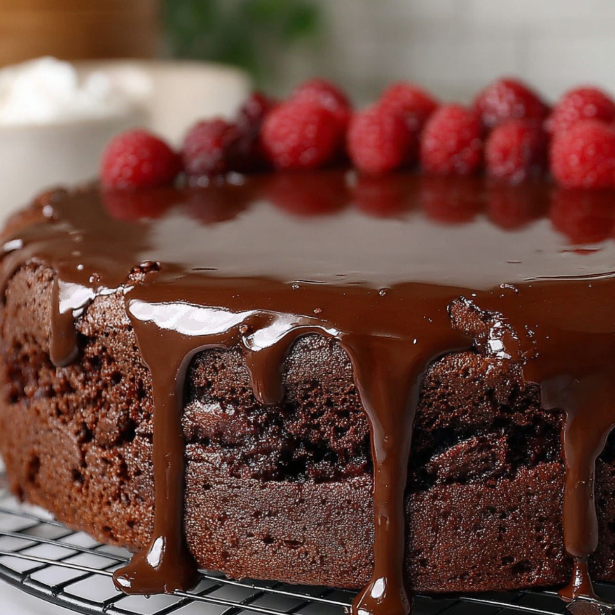 Pouring chocolate glaze over cooled brownie cake