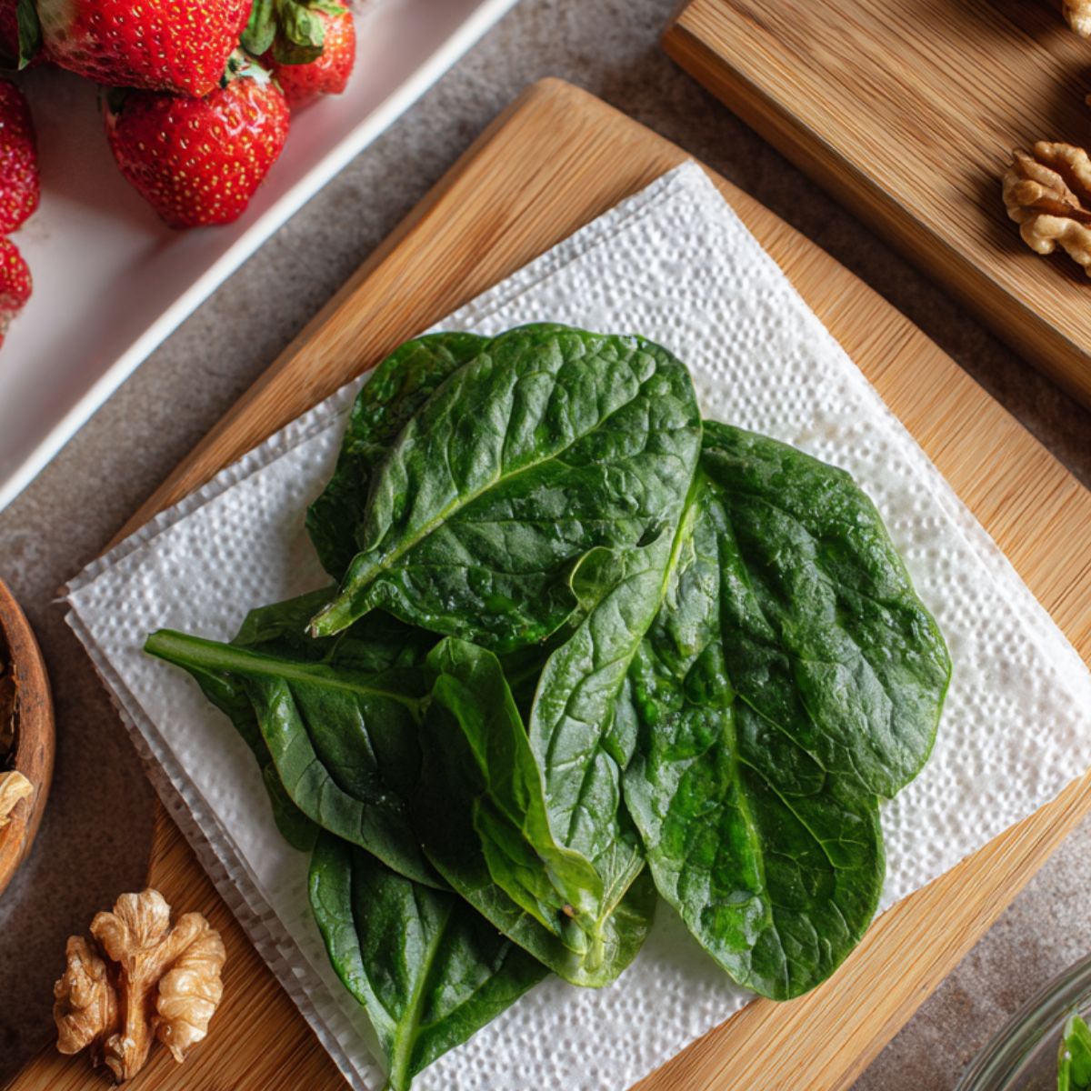 Overhead view of spinach, sliced strawberries, and toasted walnuts prepared on a white kitchen counter.