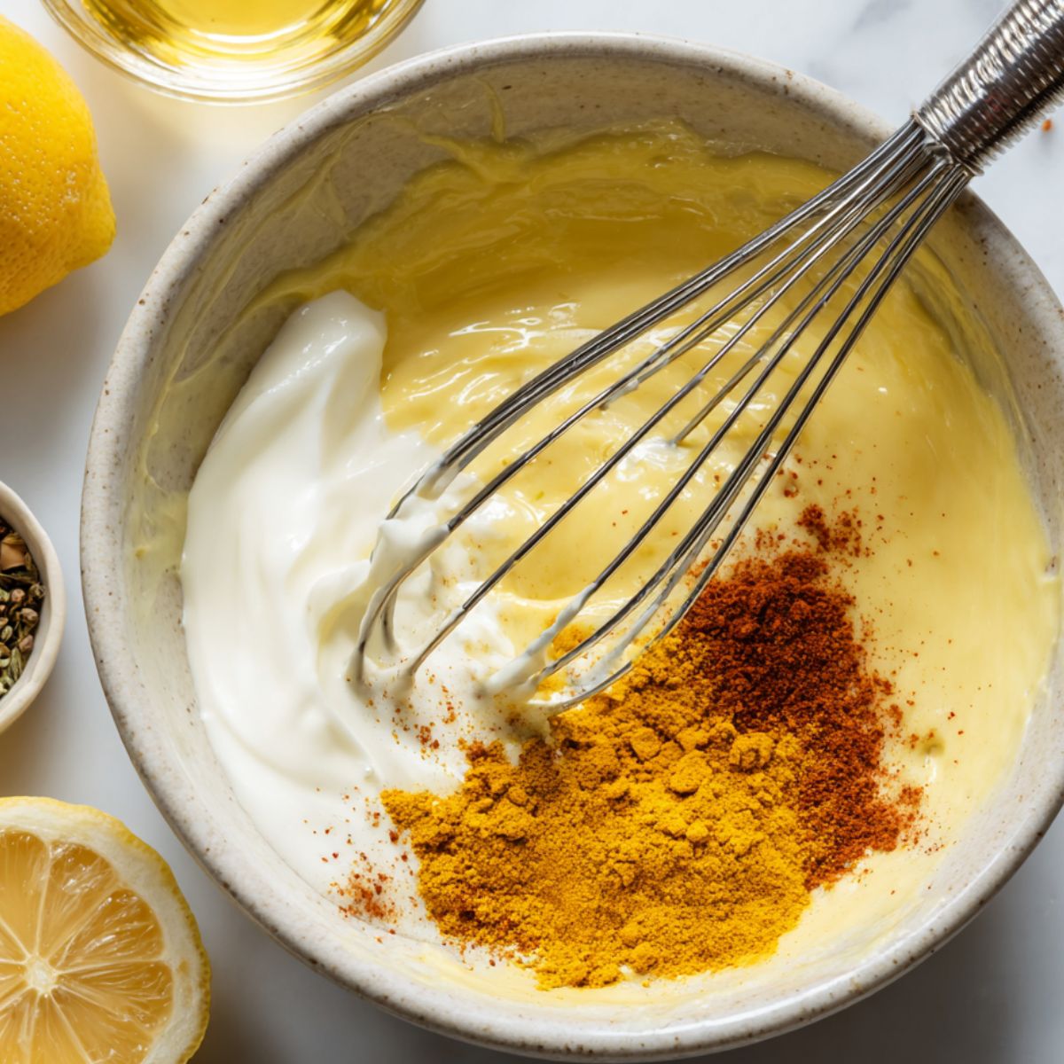 Homemade curry dressing being whisked together in a bowl