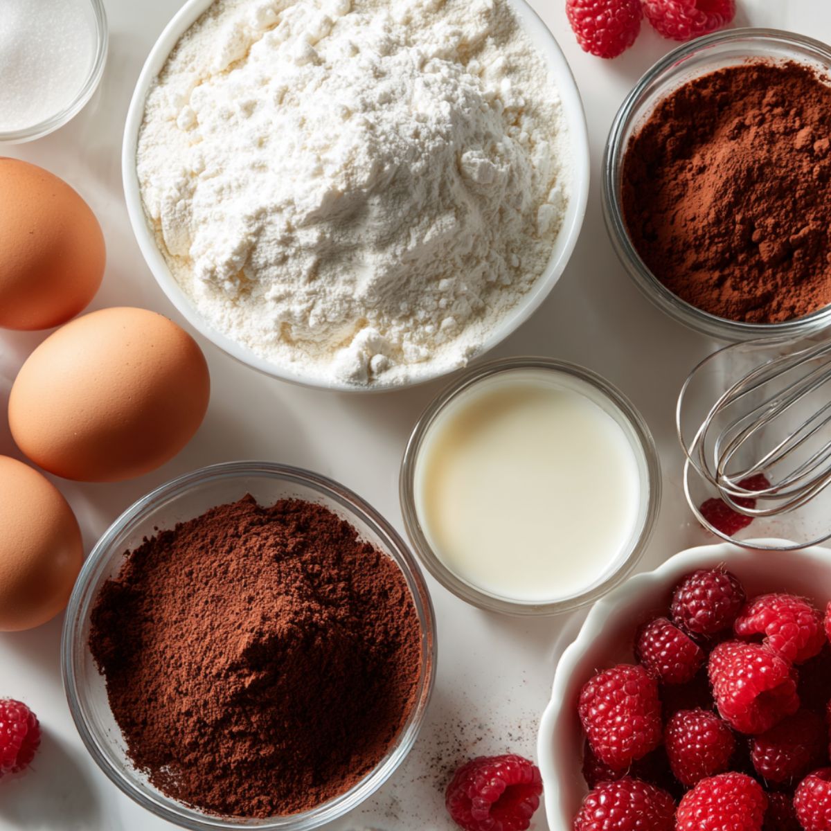 Top view of fresh raspberries, eggs, flour, cocoa, sugar, and cream scattered on a white kitchen counter for raspberry mousse cake ingredients.