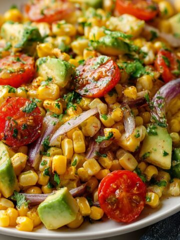 Homemade roasted corn salad in a white ceramic bowl on a kitchen counter.
