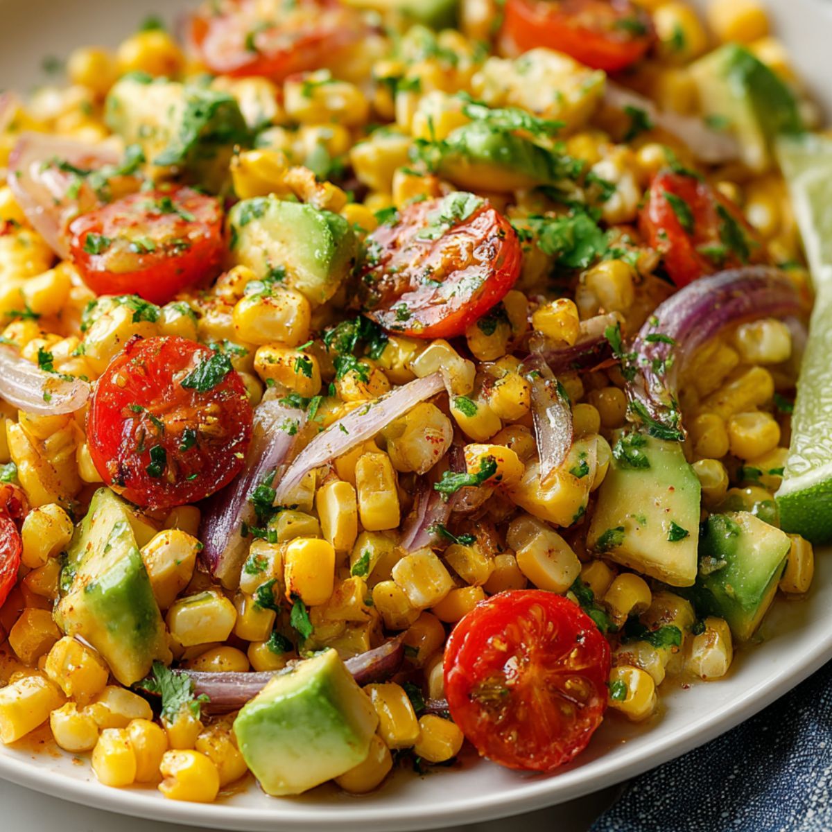 Homemade roasted corn salad in a white ceramic bowl on a kitchen counter.