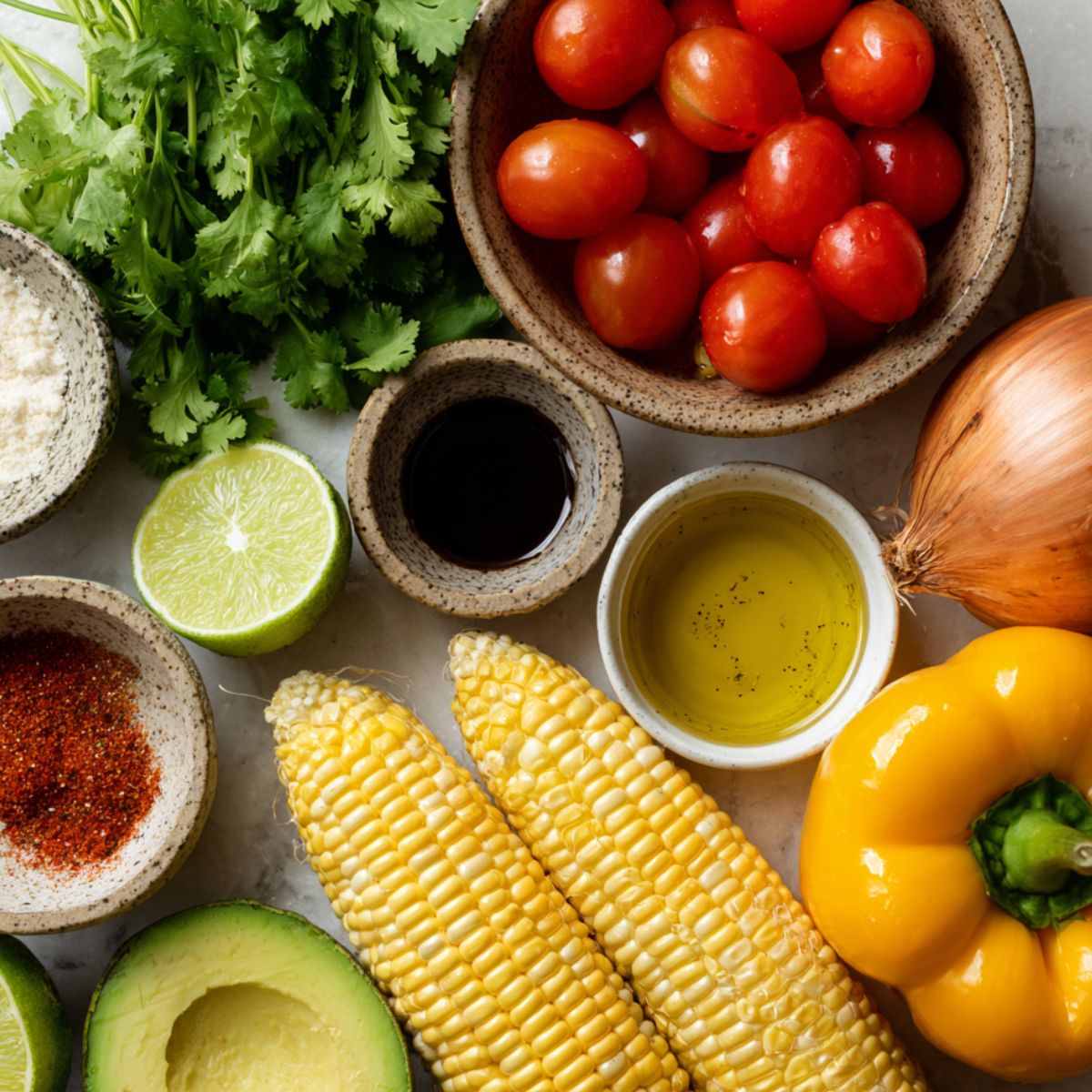 Fresh ingredients for roasted corn salad spread out on a white kitchen counter.