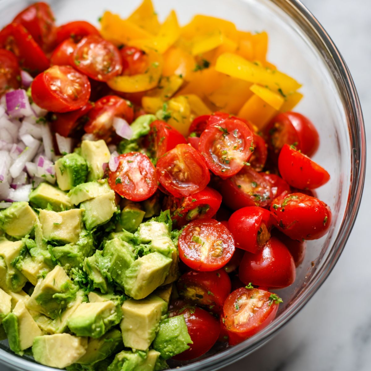 Freshly chopped vegetables for roasted corn salad in a mixing bowl.
