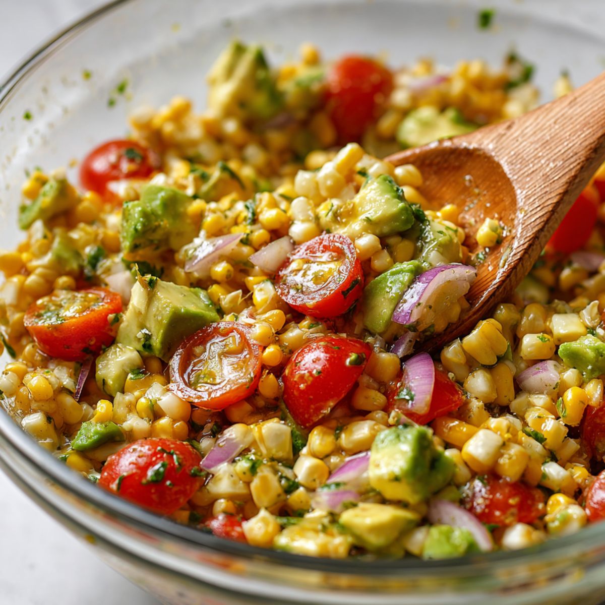 Roasted corn salad being tossed in a large bowl before serving.