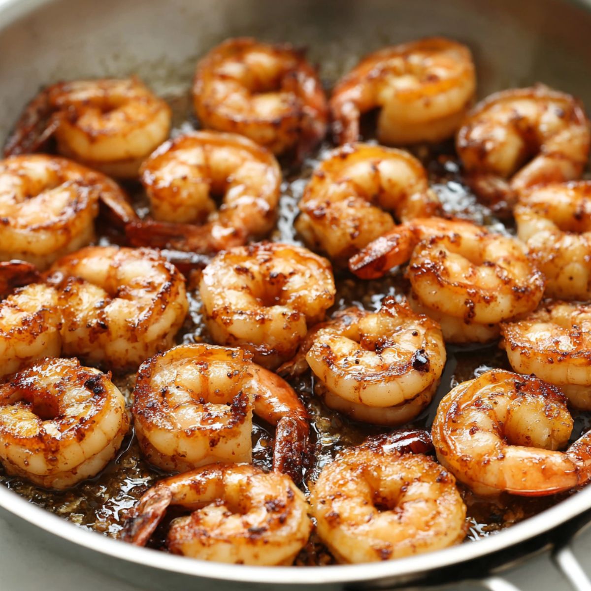 Seared Cajun shrimp cooking in a skillet