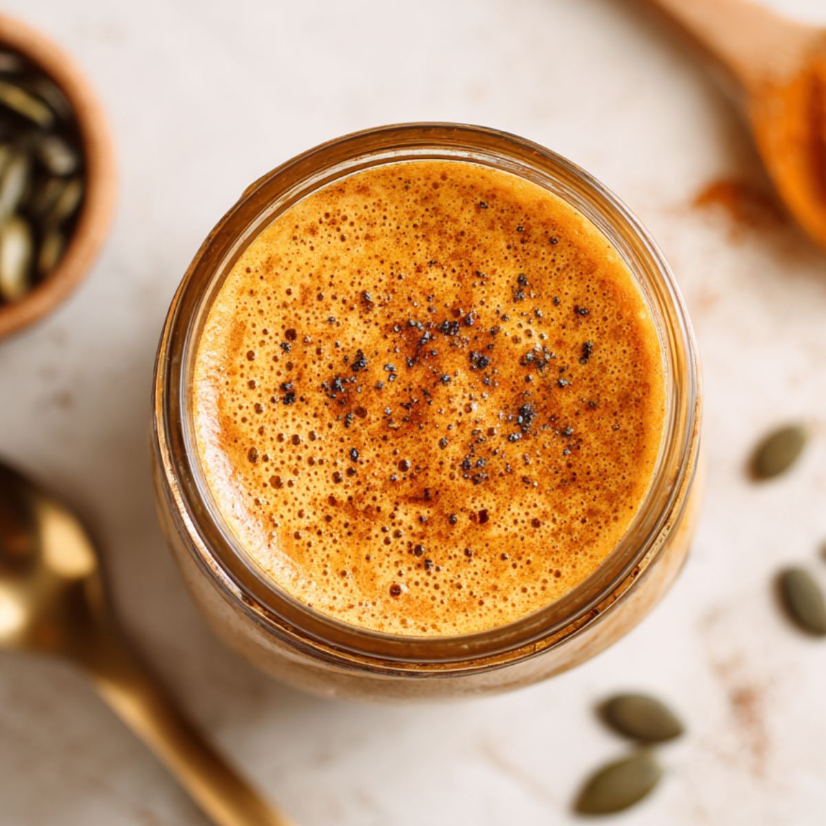 Served healthy pumpkin smoothie topped with cinnamon in a mason jar