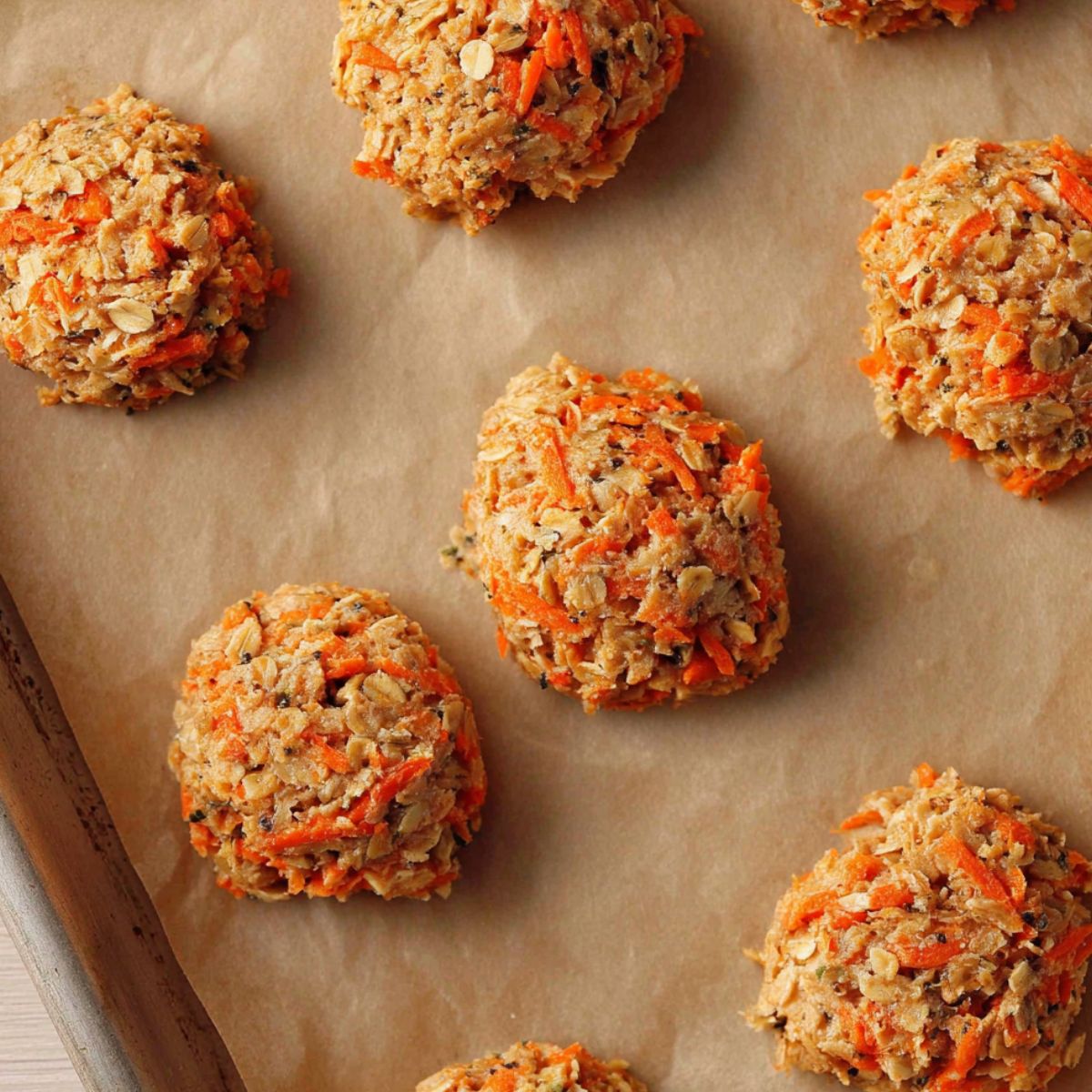 Unbaked carrot oatmeal cookie dough on baking tray