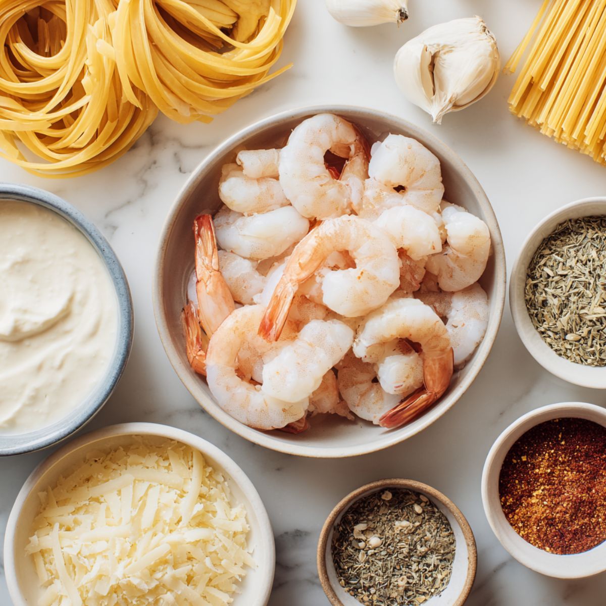 All ingredients for creamy cajun shrimp pasta laid out on a white kitchen counter