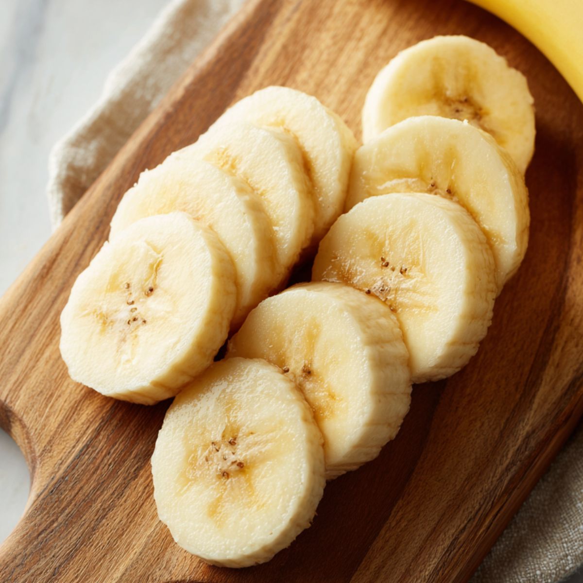 Slicing bananas into rounds on a cutting board