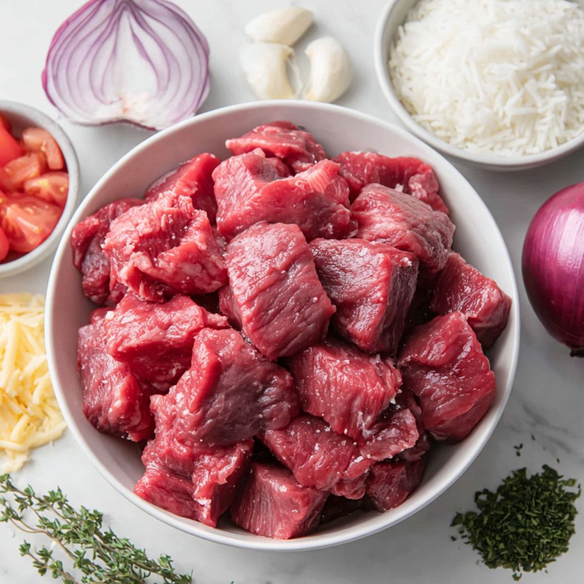 Raw ingredients for steak and queso rice laid out on a white kitchen counter
