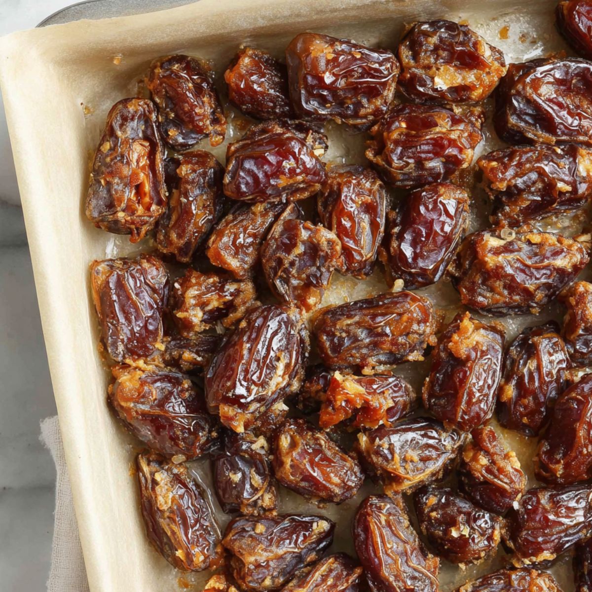 Medjool dates pressed together in a parchment-lined baking dish
