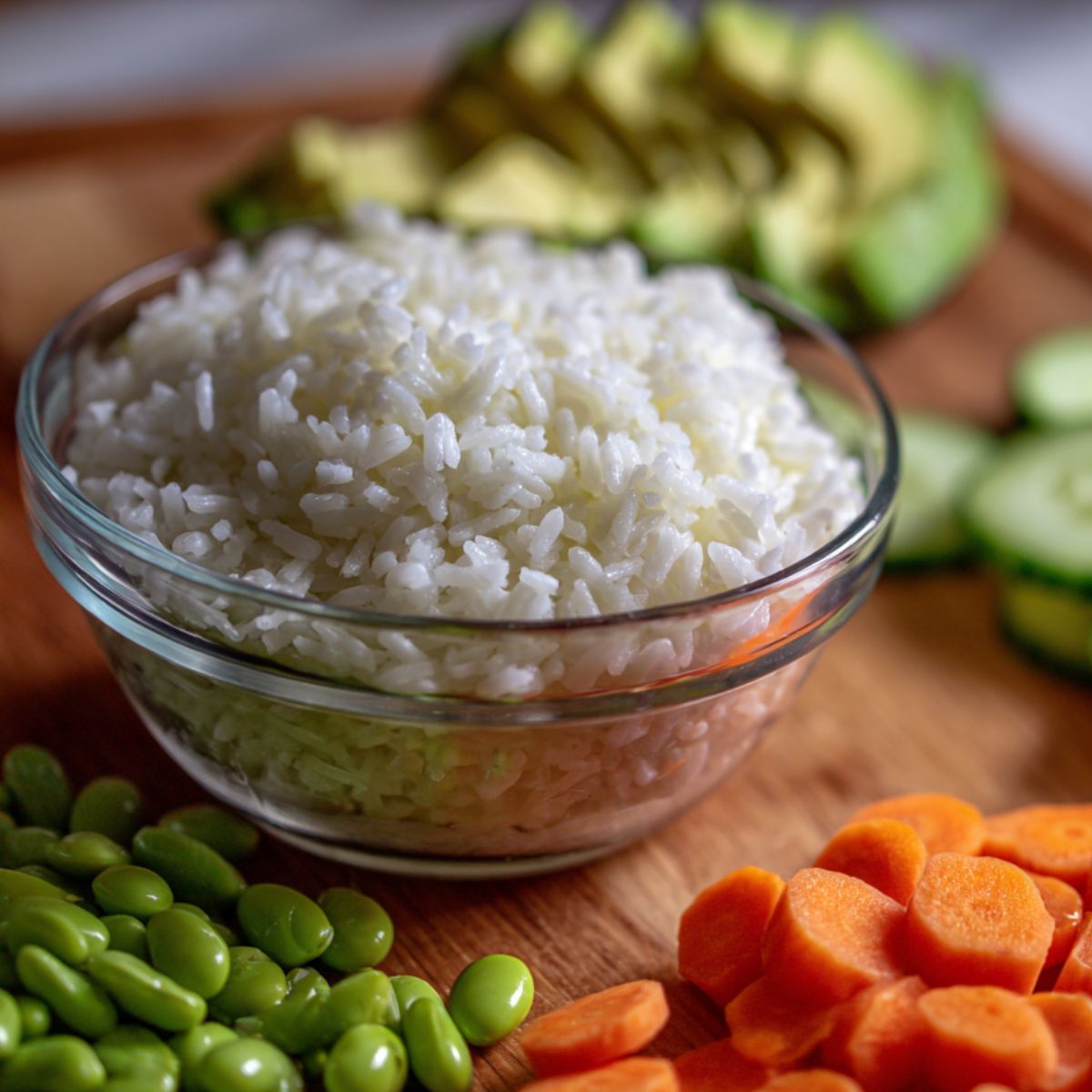 Cooked rice with freshly chopped vegetables for salmon bowl prep