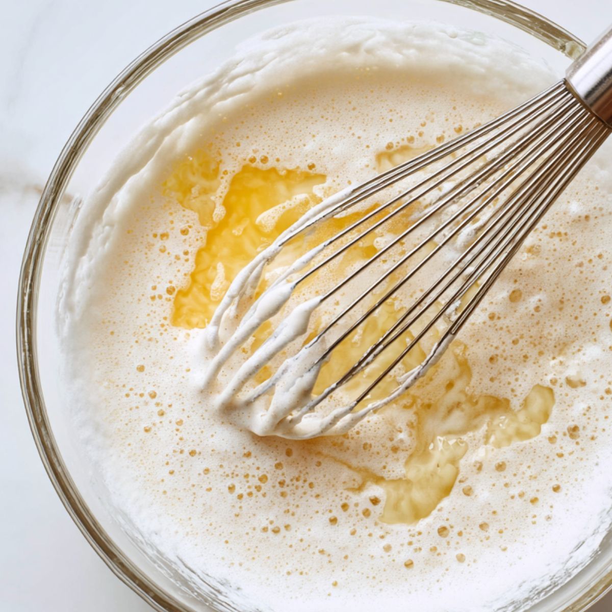 Whisking coconut cream, coconut milk, eggs, butter, and vanilla in a bowl