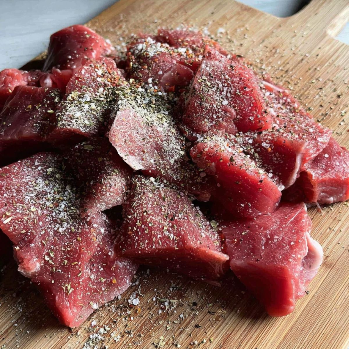 Seasoning bite-sized steak pieces with spices on a wooden cutting board