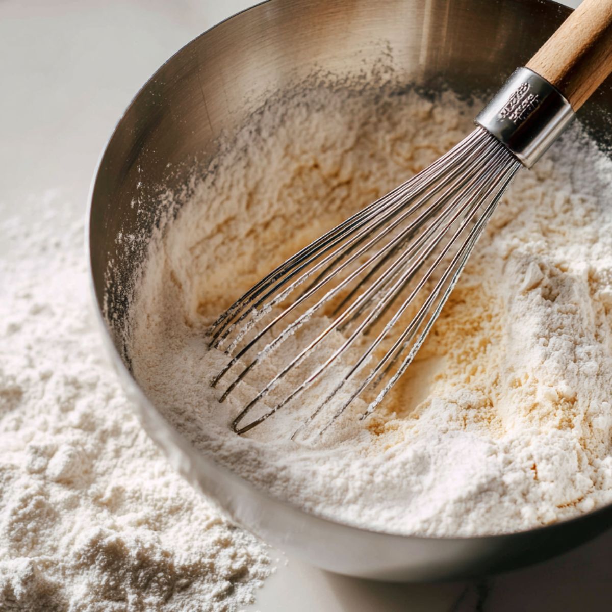 Flour, sugar, baking powder, and salt being whisked together in a bowl
