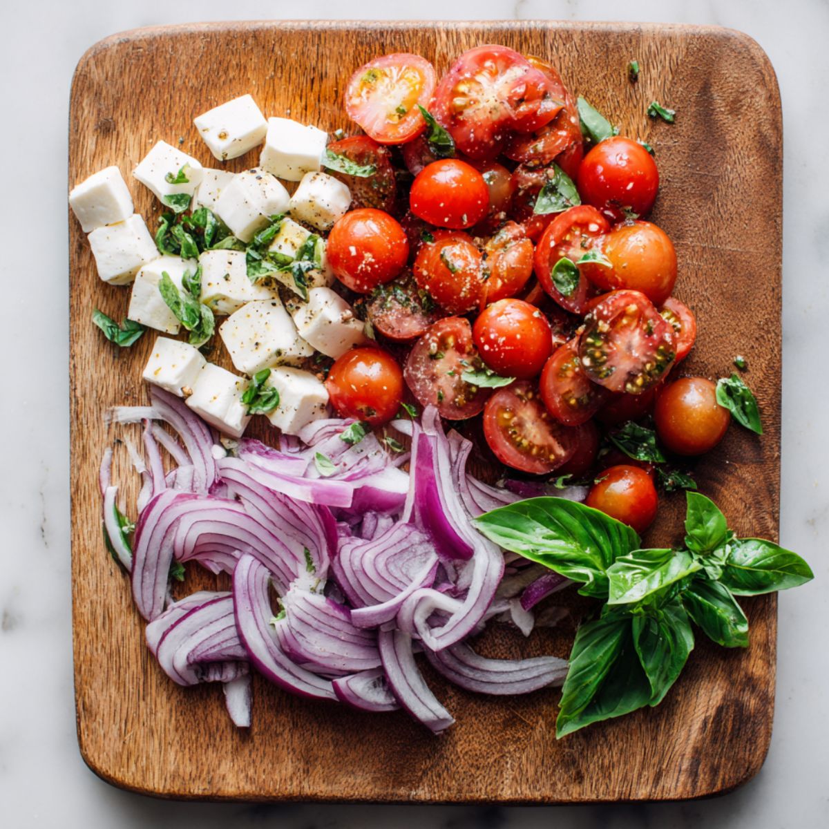 Chopped tomatoes, basil, mozzarella, and red onion on a cutting board