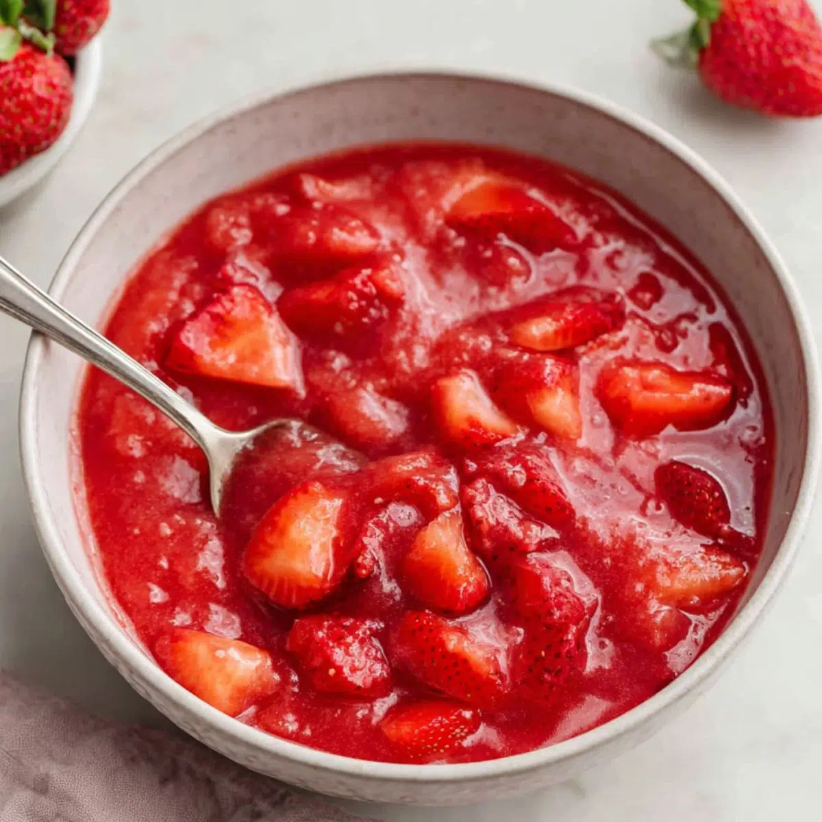 Bowl of mashed fresh strawberries with chunks for layering oats