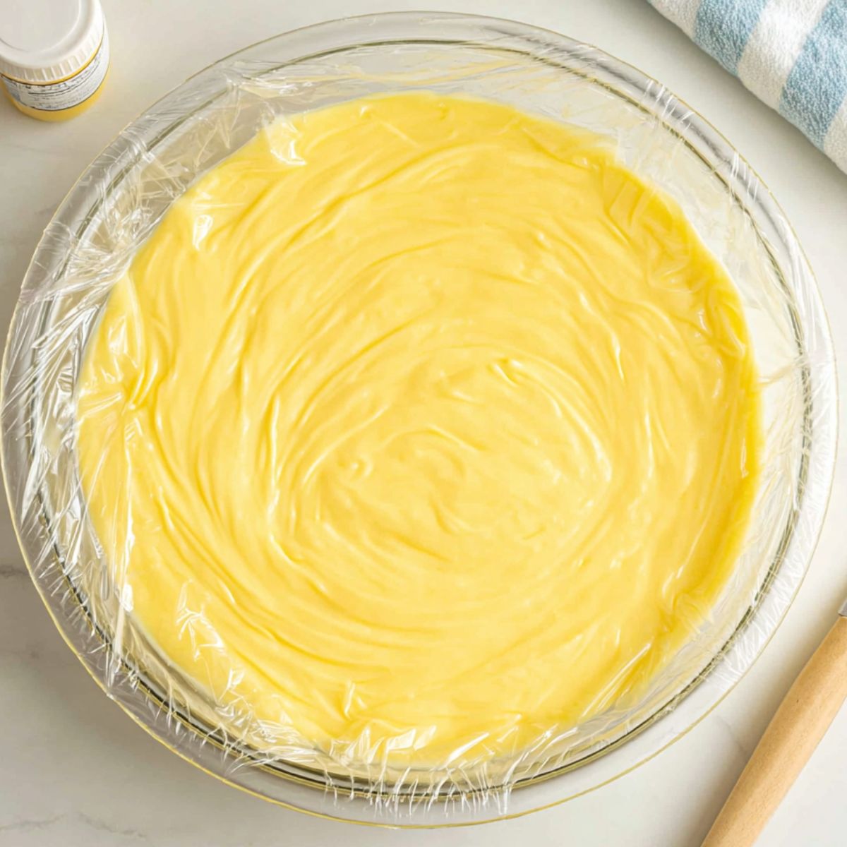 Custard base with plastic wrap on top, ready to chill.