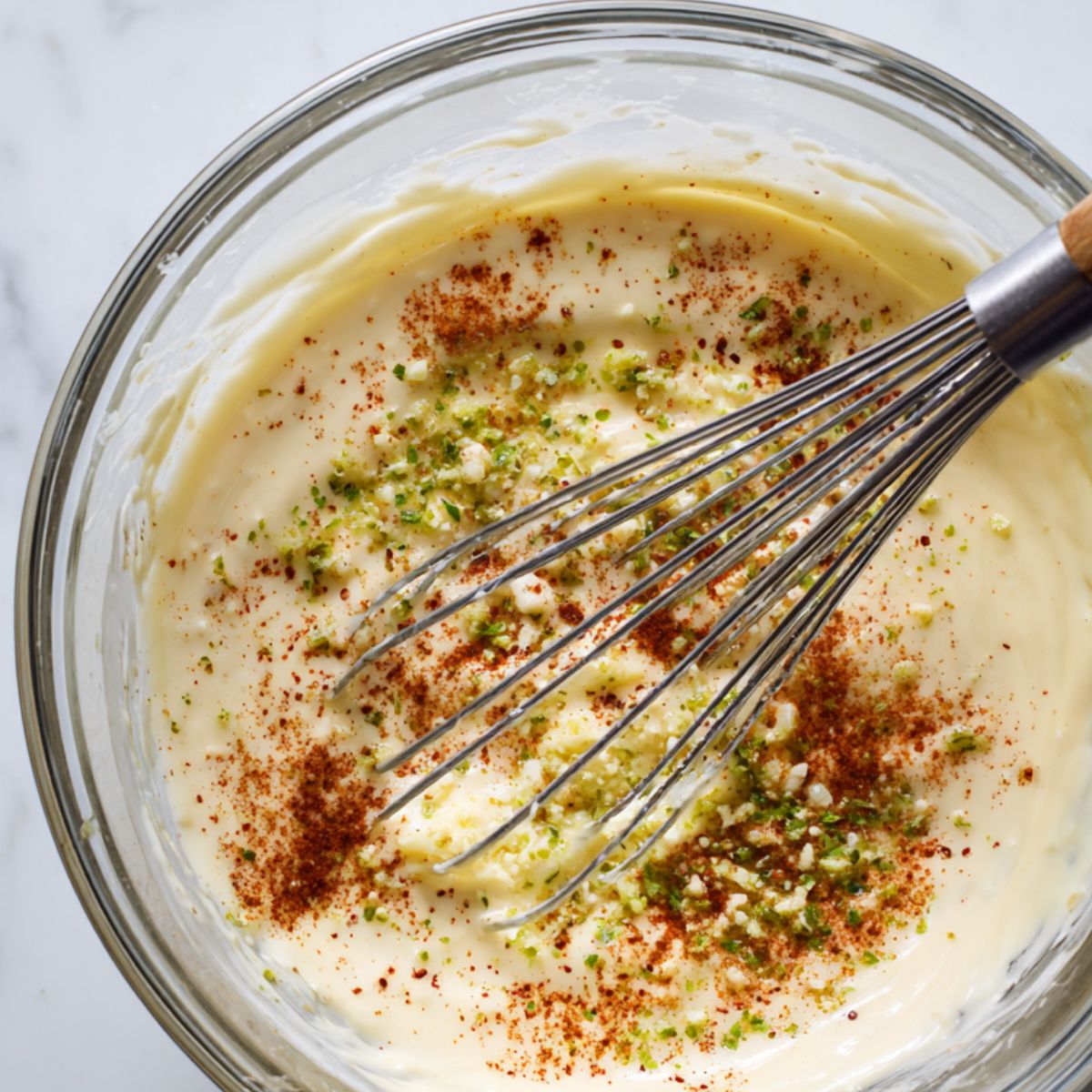 Mixing creamy base with mayonnaise, crema, lime juice, and spices in a bowl.
