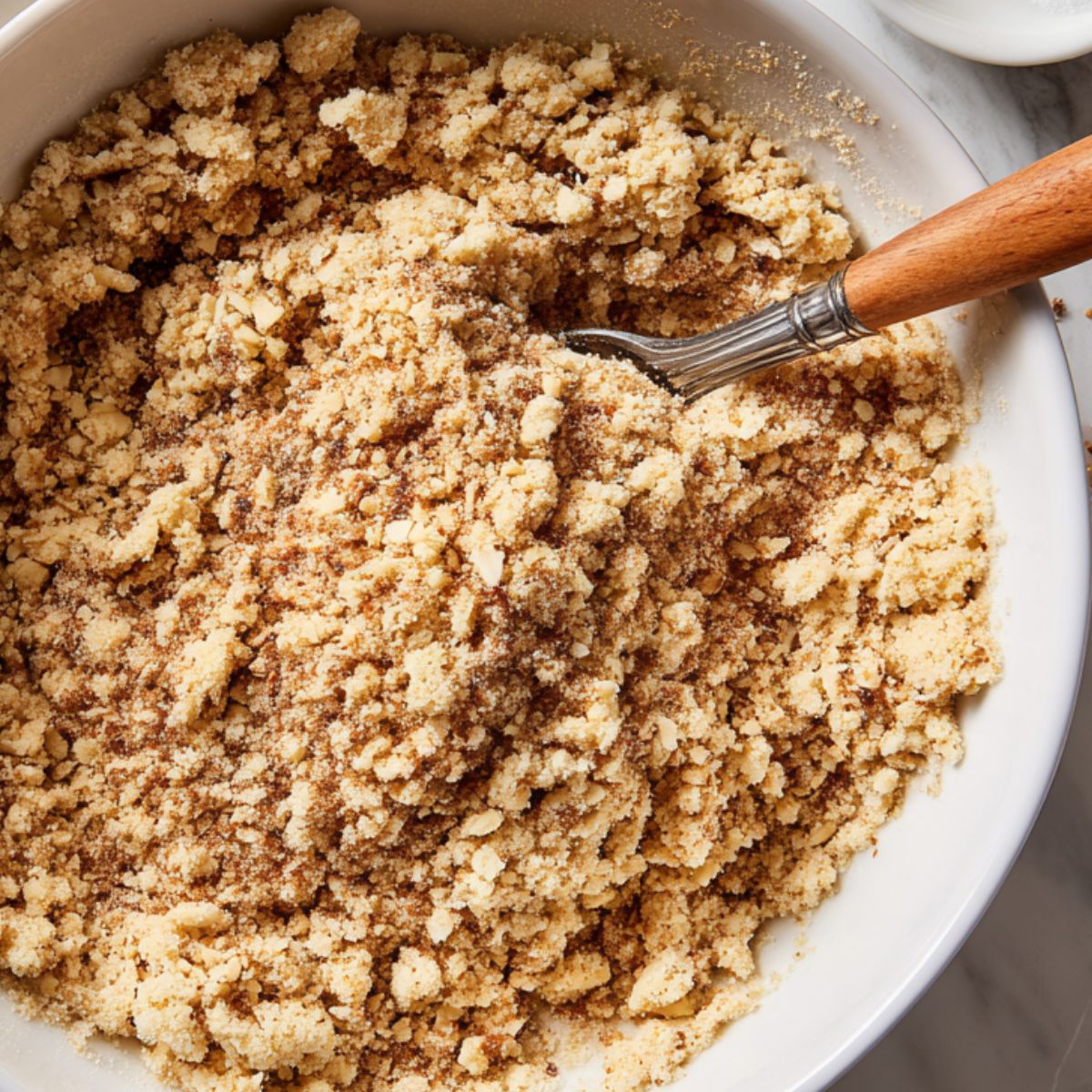 Gluten free crumble mixture with oats and flour in a bowl