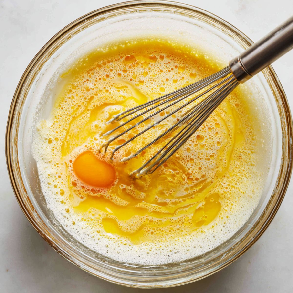 Whisked egg yolks and sugar in a glass bowl for custard base.