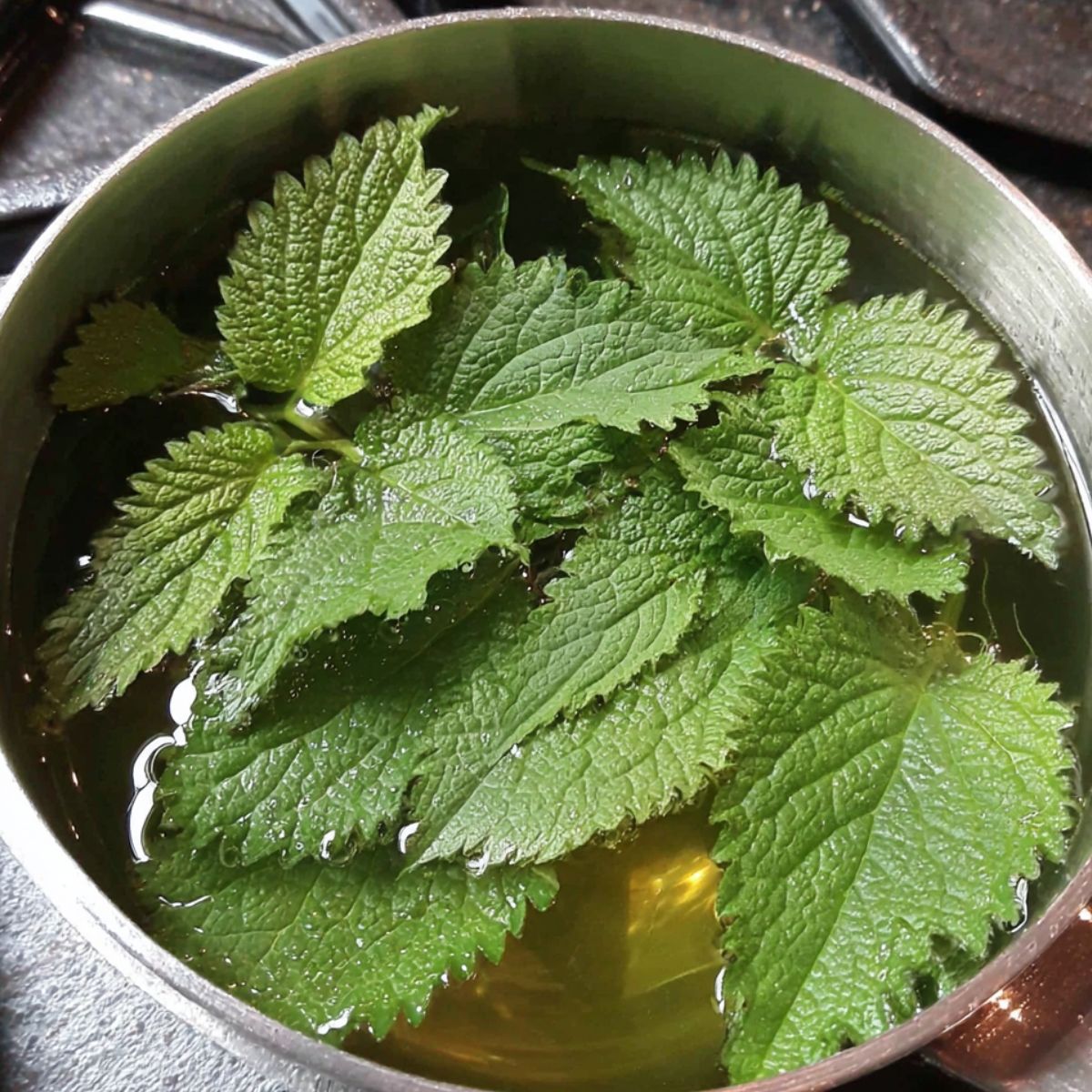 Lemon balm leaves steeping in hot water in a saucepan.