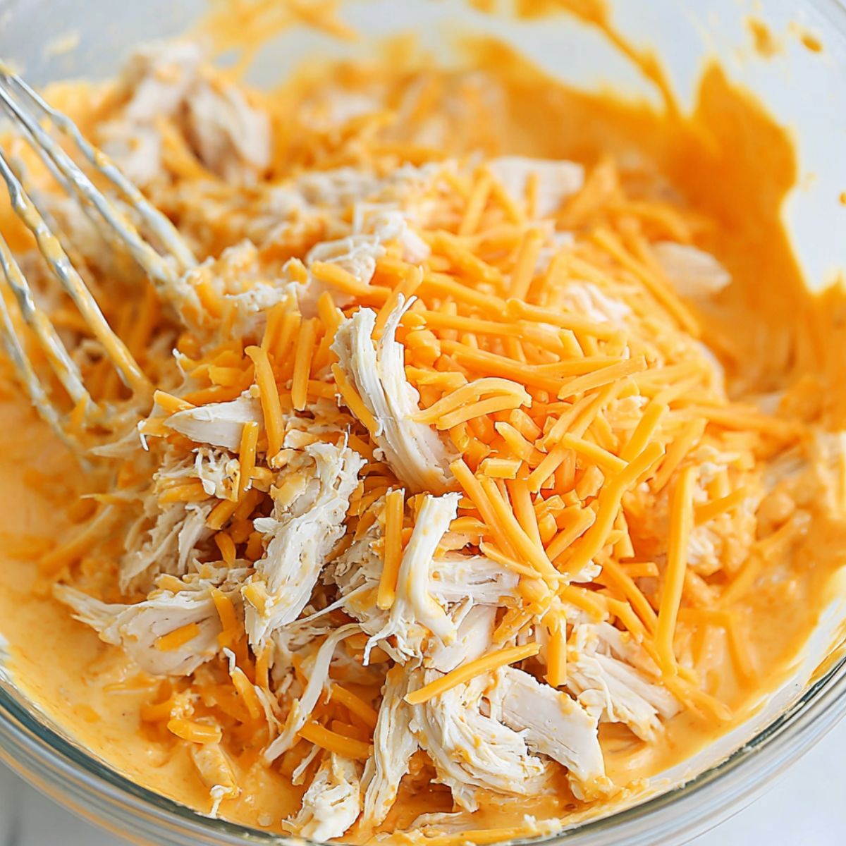 Chicken and cheese being folded into buffalo dip mixture