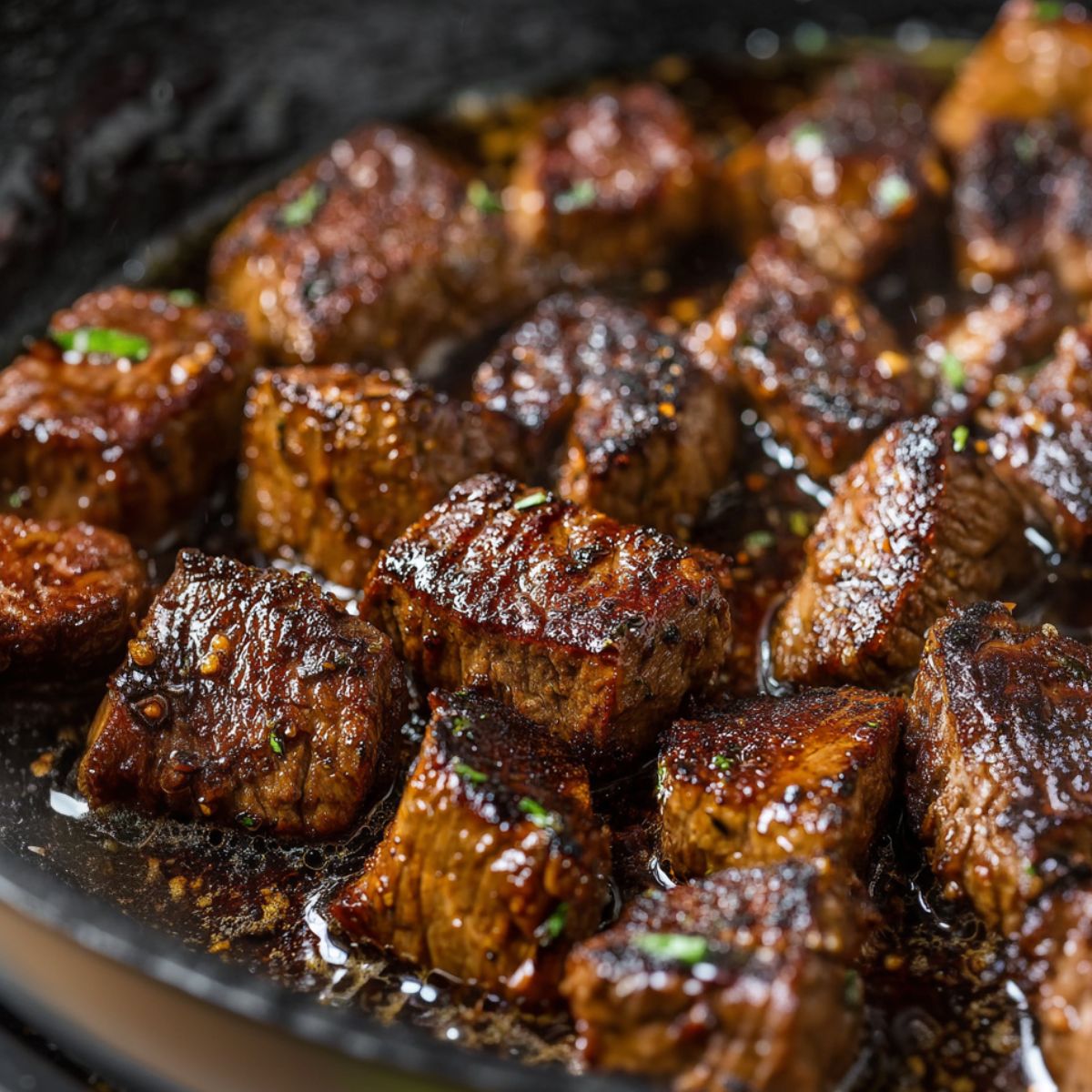 Steak bites searing in a cast iron skillet with visible browning