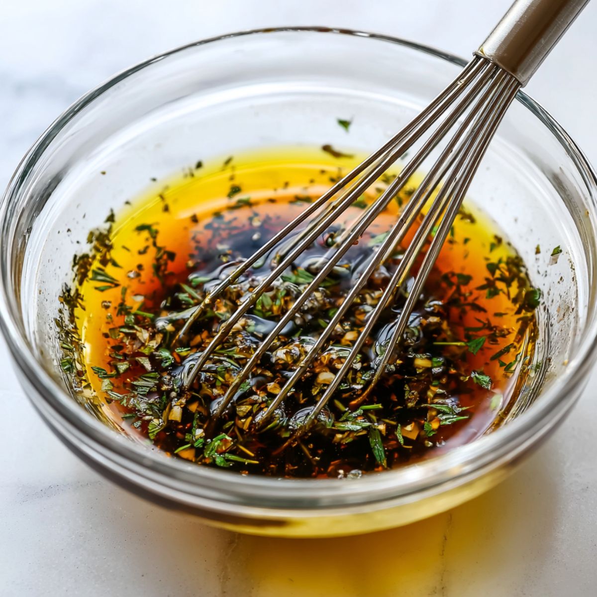 Homemade basil vinaigrette being whisked in a small bowl
