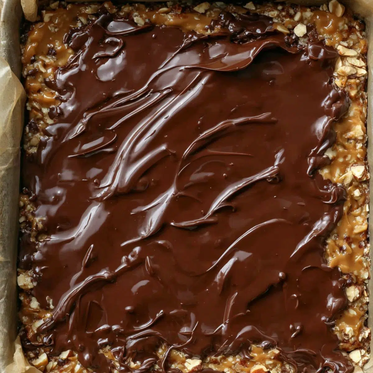 Melted dark chocolate poured over the peanut butter and date base