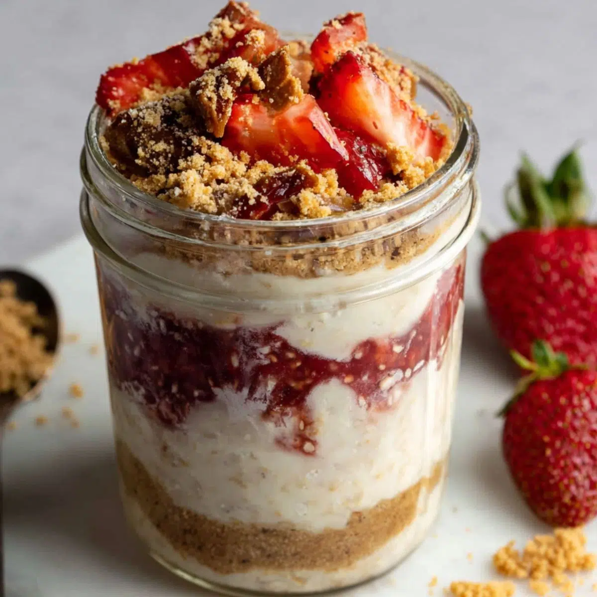 Layering oats, strawberries, and graham cracker crumbs in a mason jar