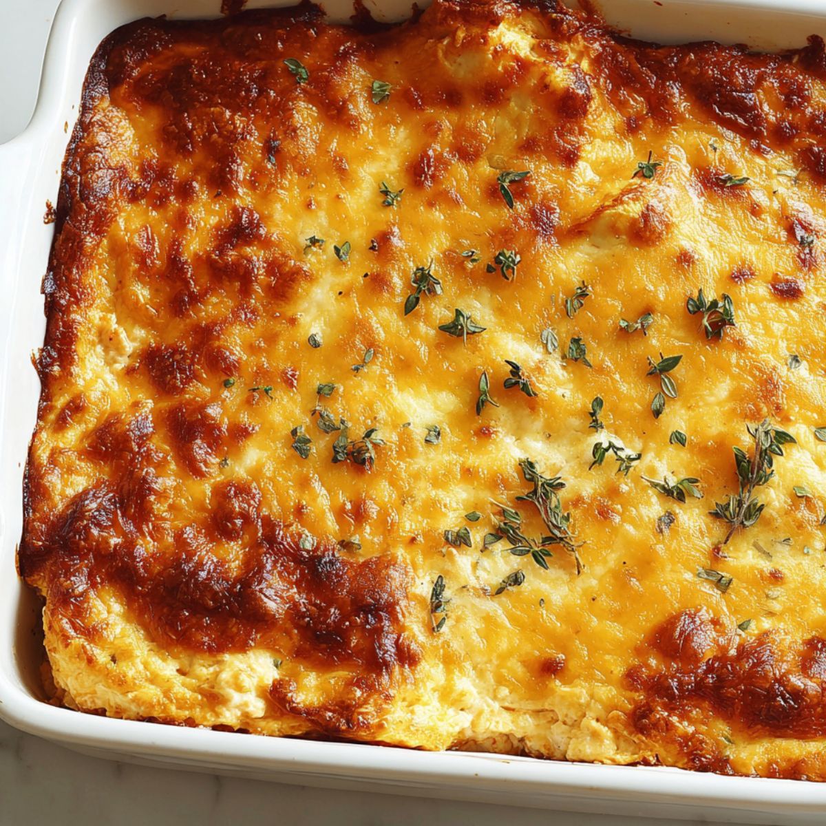 Freshly baked buffalo chicken dip with bubbling cheese on top