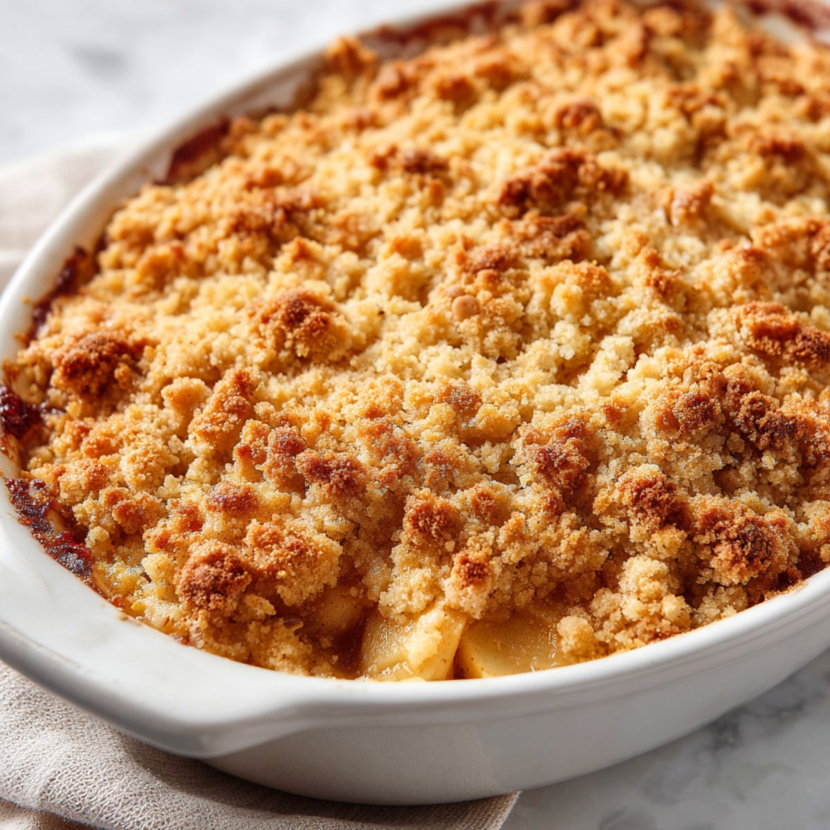 Freshly baked gluten free apple cobbler with golden crumble topping