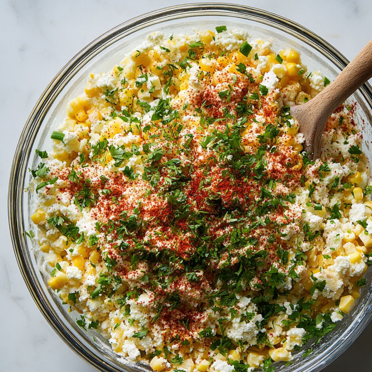 Combining charred corn, cheese, and jalapeño to finish the Mexican street corn dip.