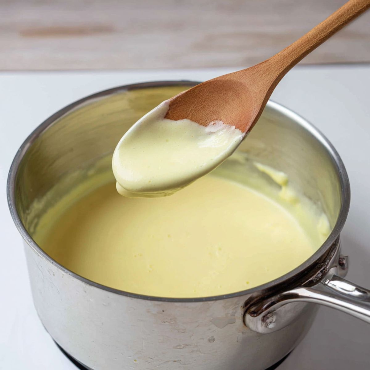 Custard coating the back of a spoon over a saucepan.