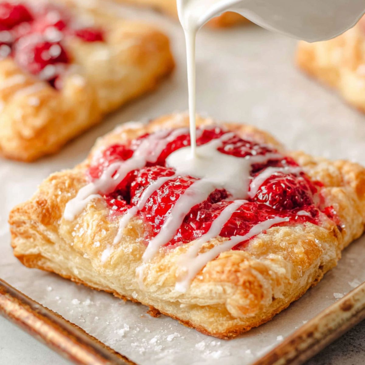 Freshly baked raspberry danish with golden puffed edges being glazed with icing on a white kitchen counter.