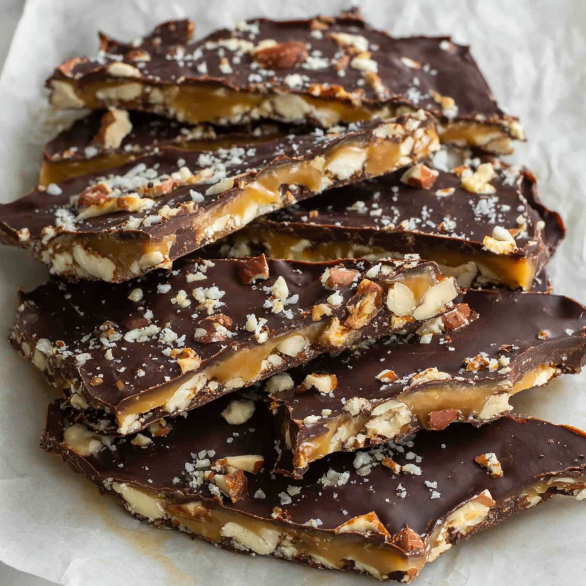 Date snickers bark being sliced into rustic pieces on parchment