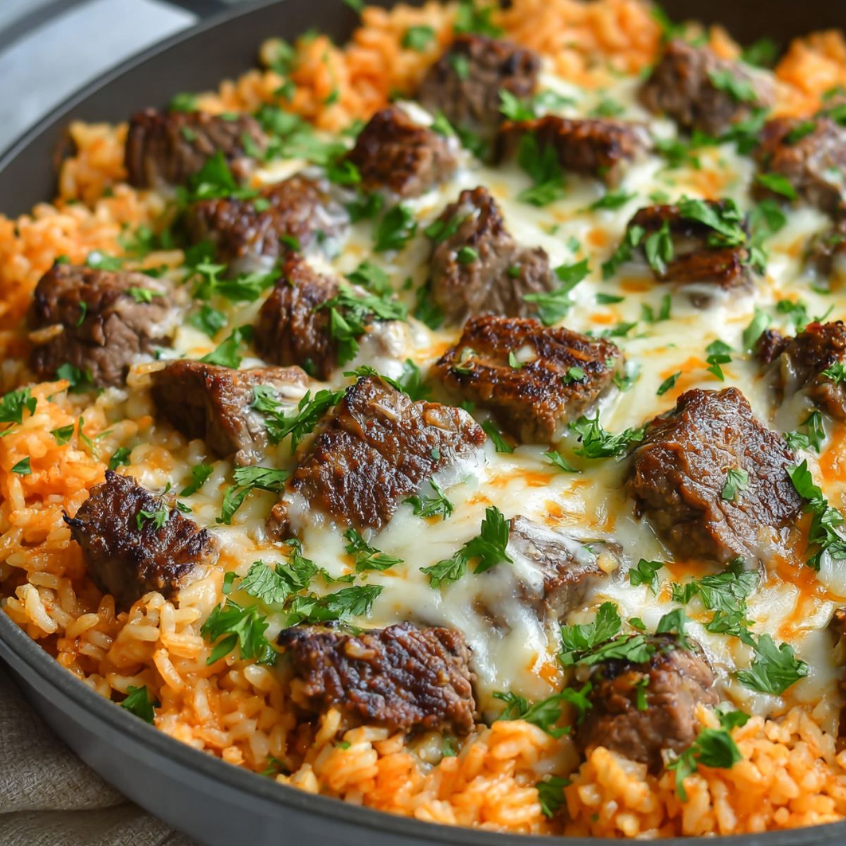 Pouring queso over steak and rice in skillet for final touch