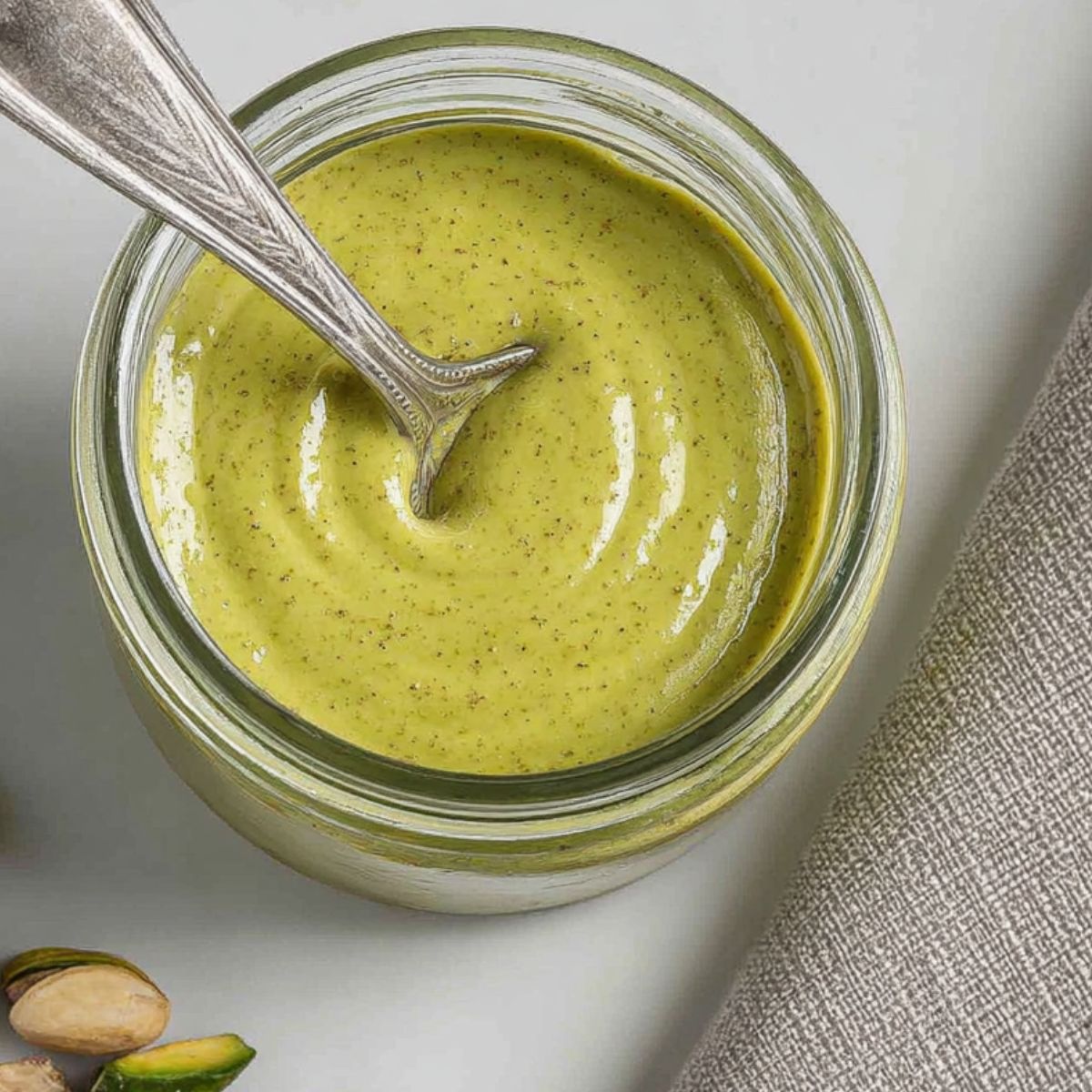 Silky smooth pistachio cream in a jar with spoon