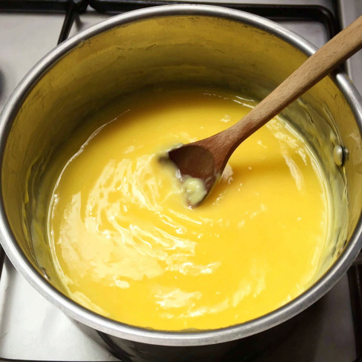 Lemon curd thickening on the stove with a wooden spoon