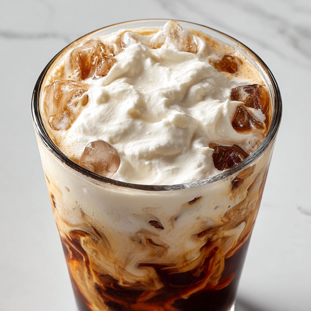 Spoon adding mascarpone cream over coffee in a glass