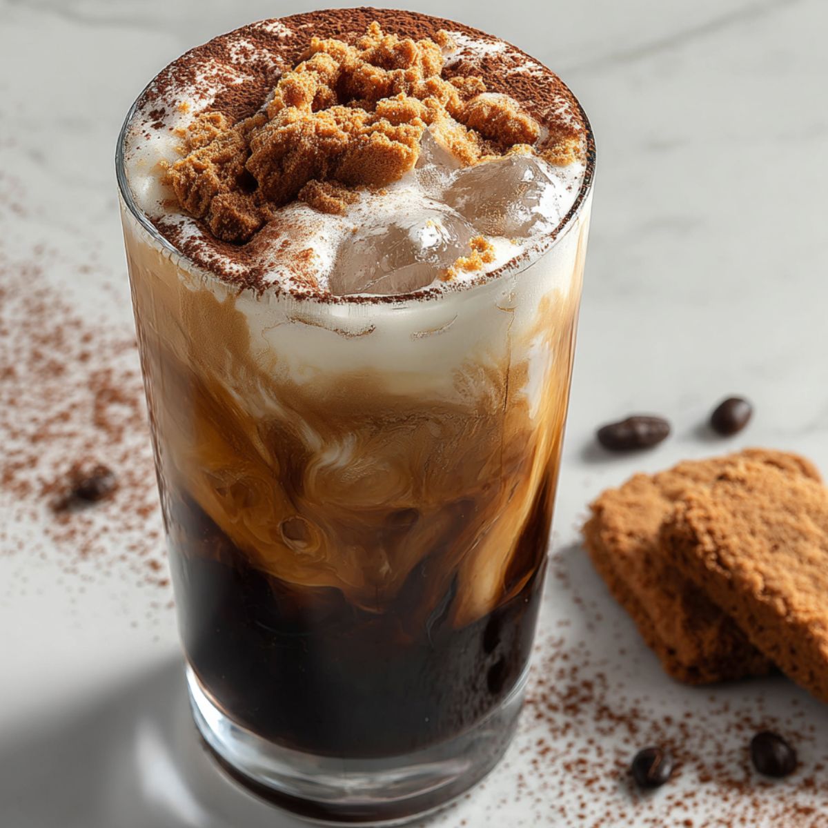 Homemade tiramisu iced coffee in a tall glass with cocoa and ladyfinger topping