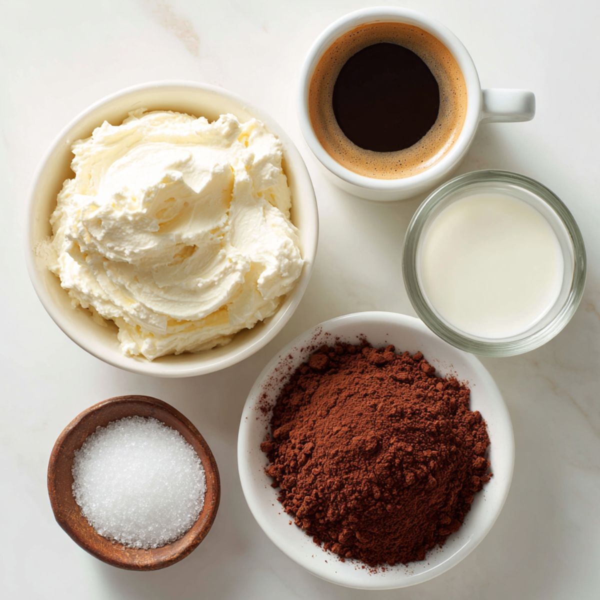 Ingredients for tiramisu iced coffee spread out on a kitchen counter
