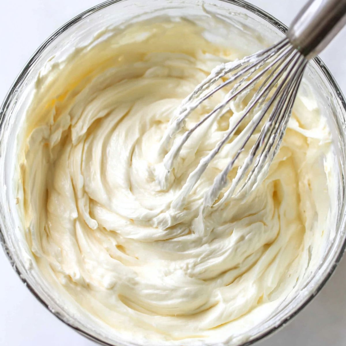 Whisking mascarpone, sugar, and vanilla in a bowl on the kitchen counter