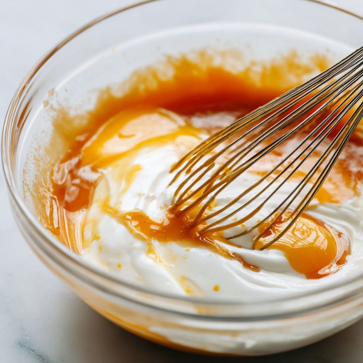 Whisking eggs, applesauce, Greek yogurt, and maple syrup in a glass bowl.
