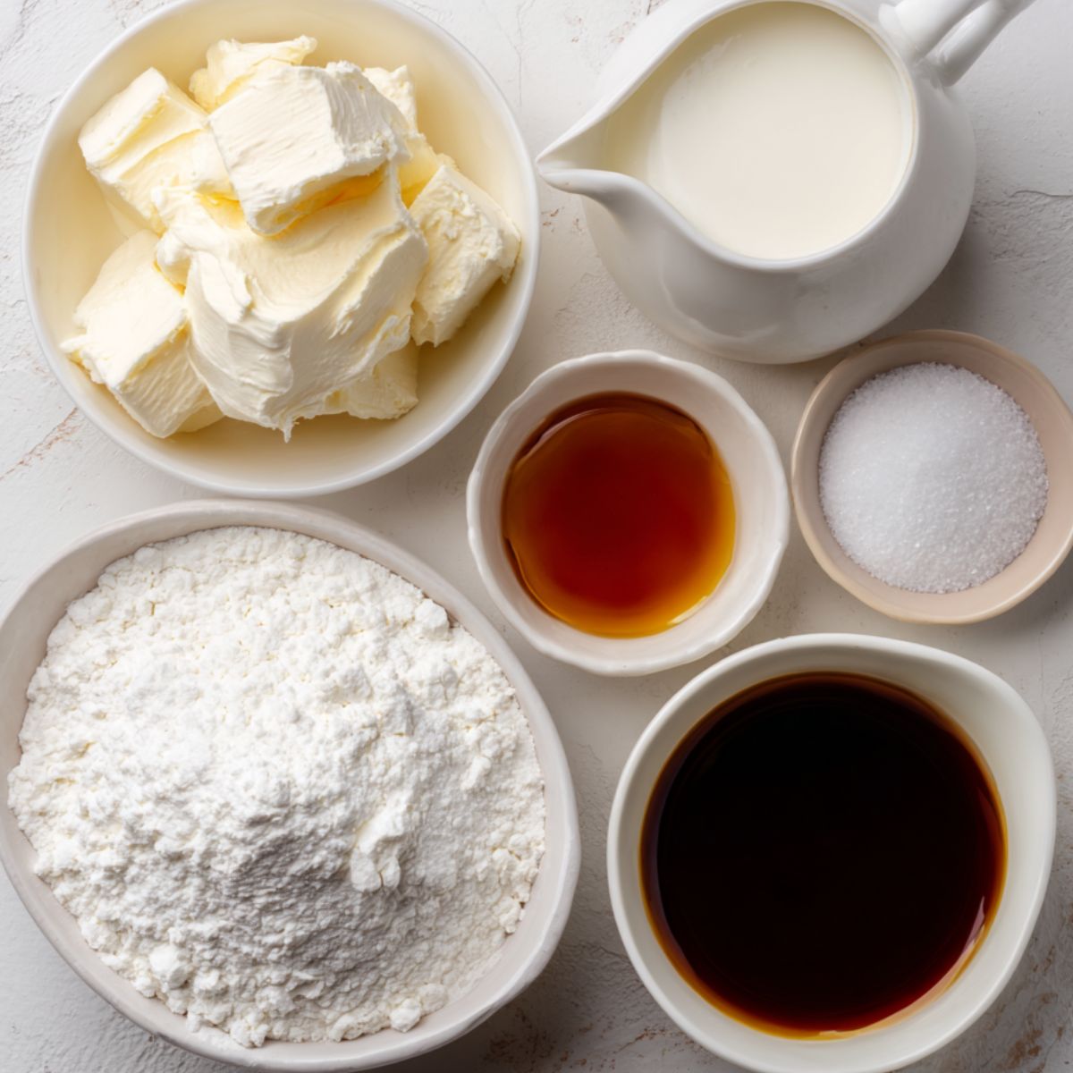 Ingredients for whipped cream cheese icing arranged on a white kitchen counter, top-down angle.