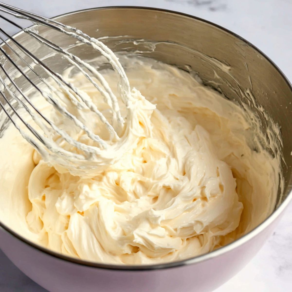 Cream cheese, powdered sugar, and vanilla being mixed in a bowl, viewed from above.