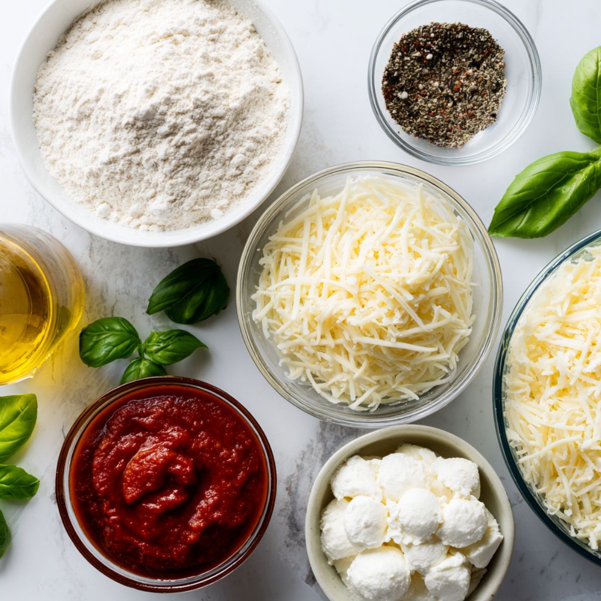 Italian calzone ingredients casually laid out on a white kitchen counter